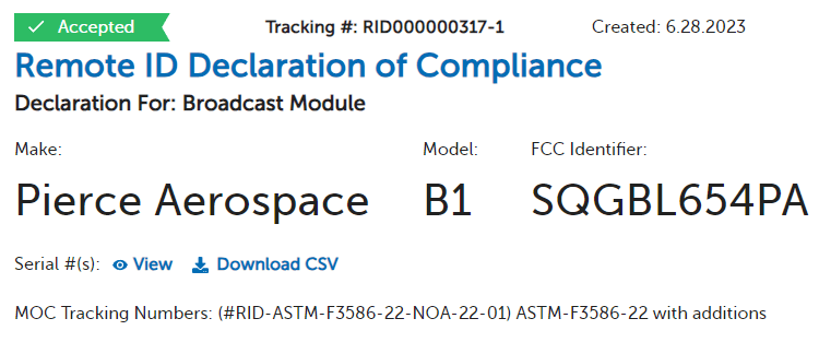 Remote Identification broadcast module declaration of compliance